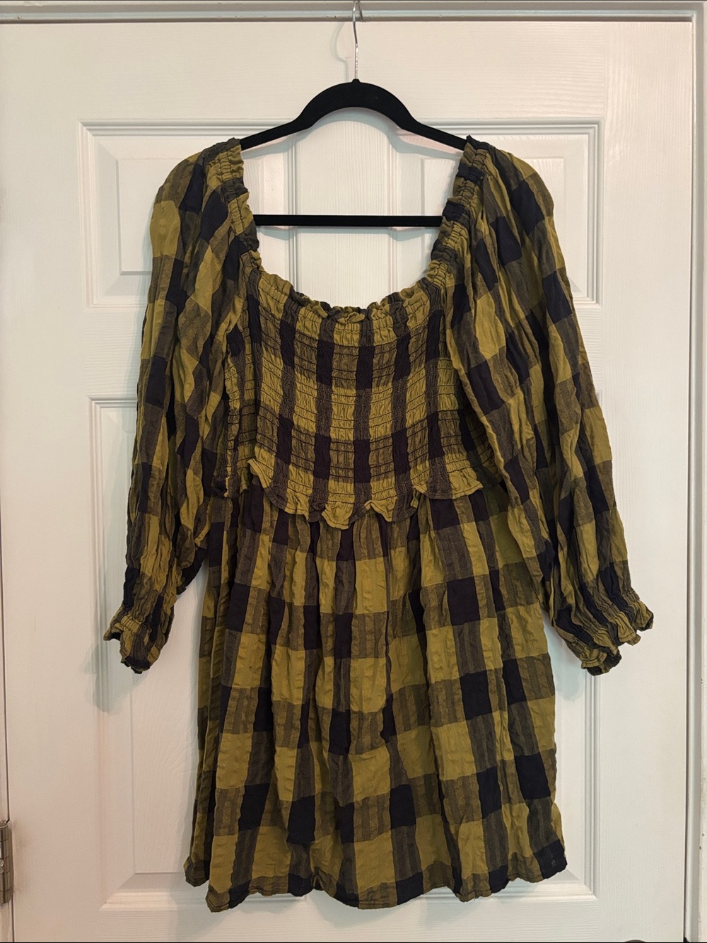 Topshop Olive and Black Plaid Smocked Off-Shoulder Mini Dress
